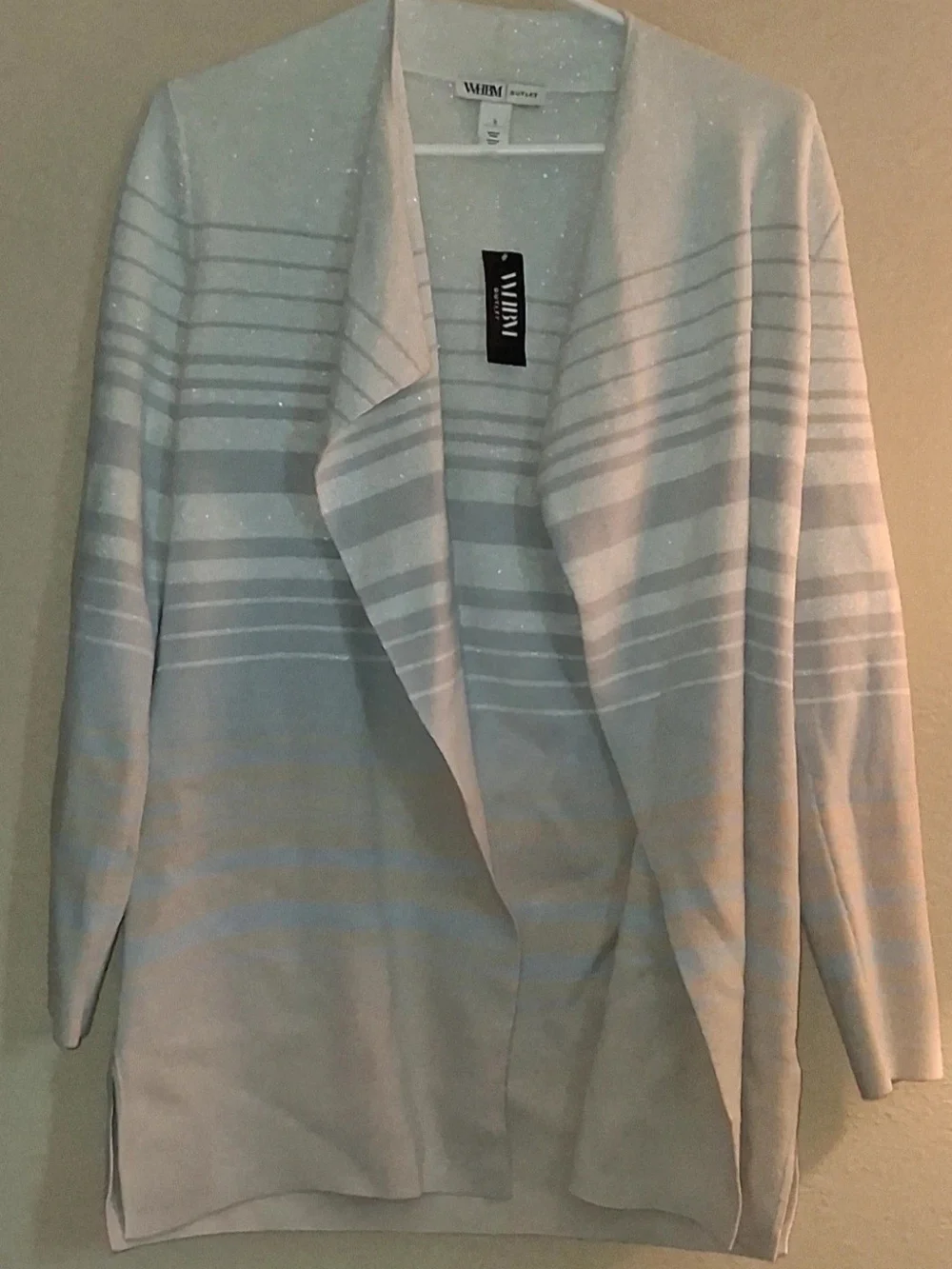 White House Black Market Light Gray & White Striped Open Front Cardigan